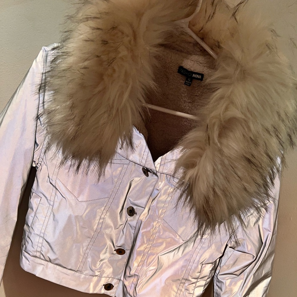 NWOT grey Nylon Fur Collar Jacket